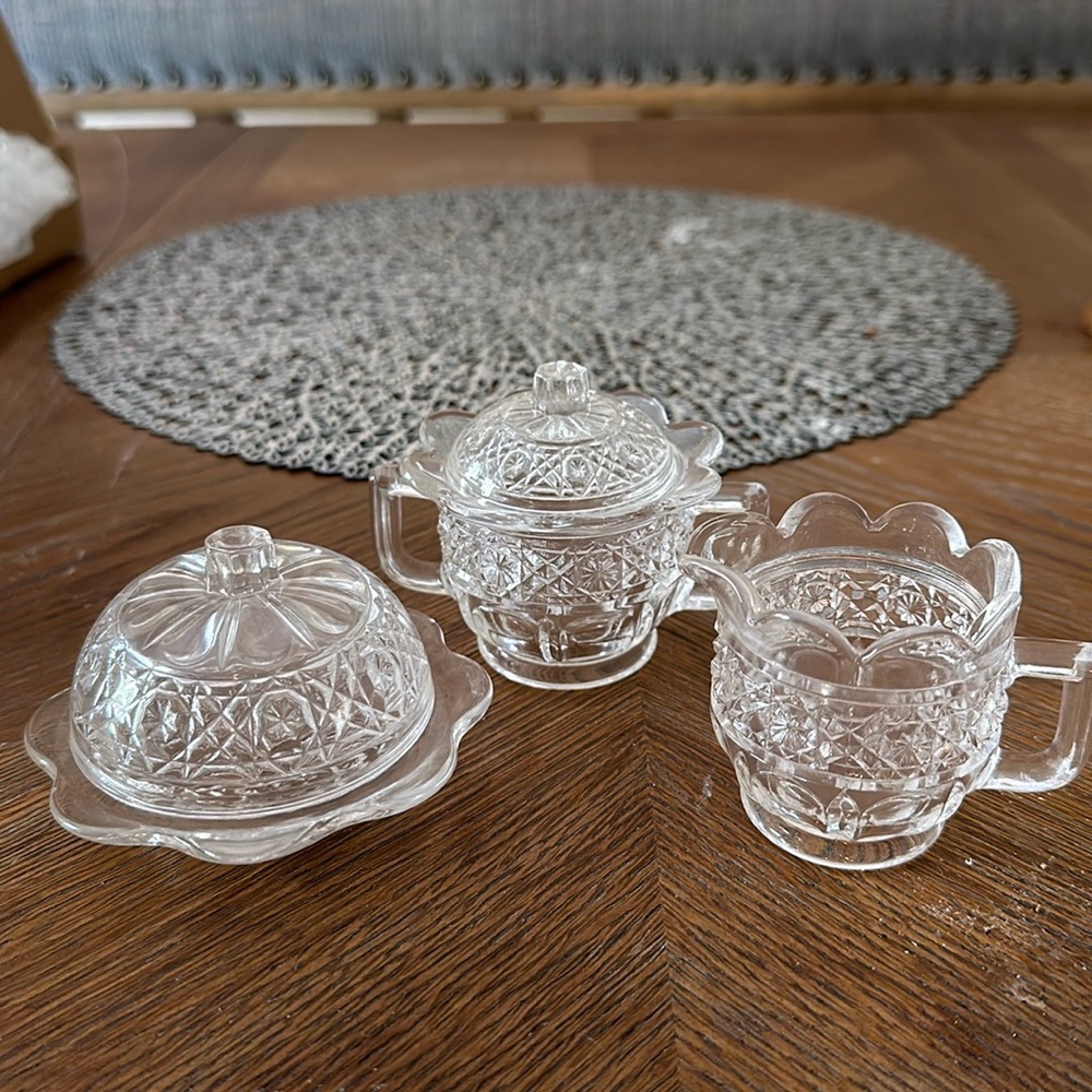 Miniature Clear Glass Sugar, Creamer , Butter Dish Set